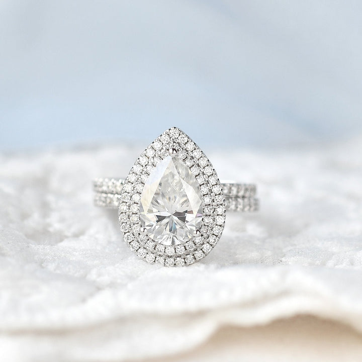 3.12tcw Pear Cut Moissanite Double Halo Full Eternity Wedding Band