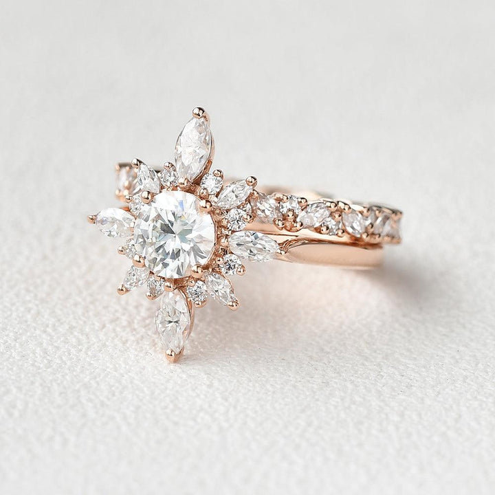 2.80tcw Round Cut Moissanite Floral Marquise Cluster Ring Set