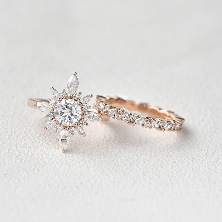 2.80tcw Round Cut Moissanite Floral Marquise Cluster Ring Set