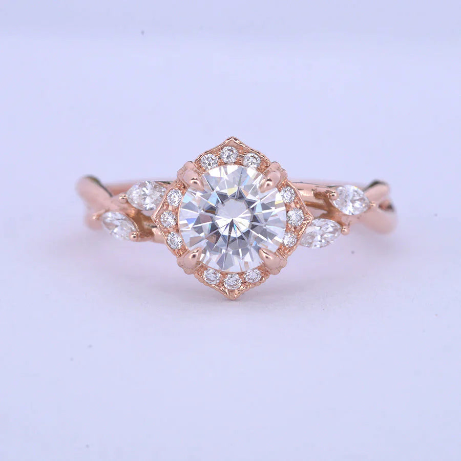 1.0CT Round Vintage Cluster Halo Moissanite Diamond Engagement Ring