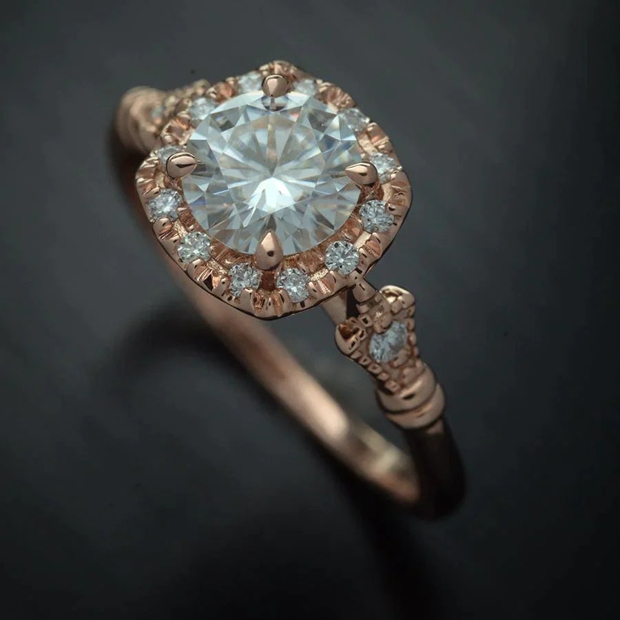 1.1CT Round Cut Vintage Halo Moissanite Diamond Engagement Ring