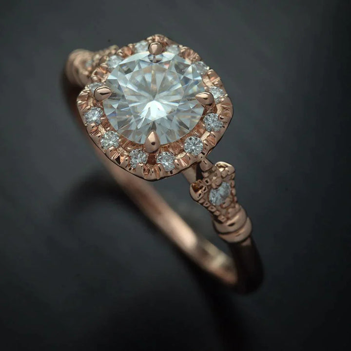 1.1CT Round Cut Vintage Halo Moissanite Diamond Engagement Ring