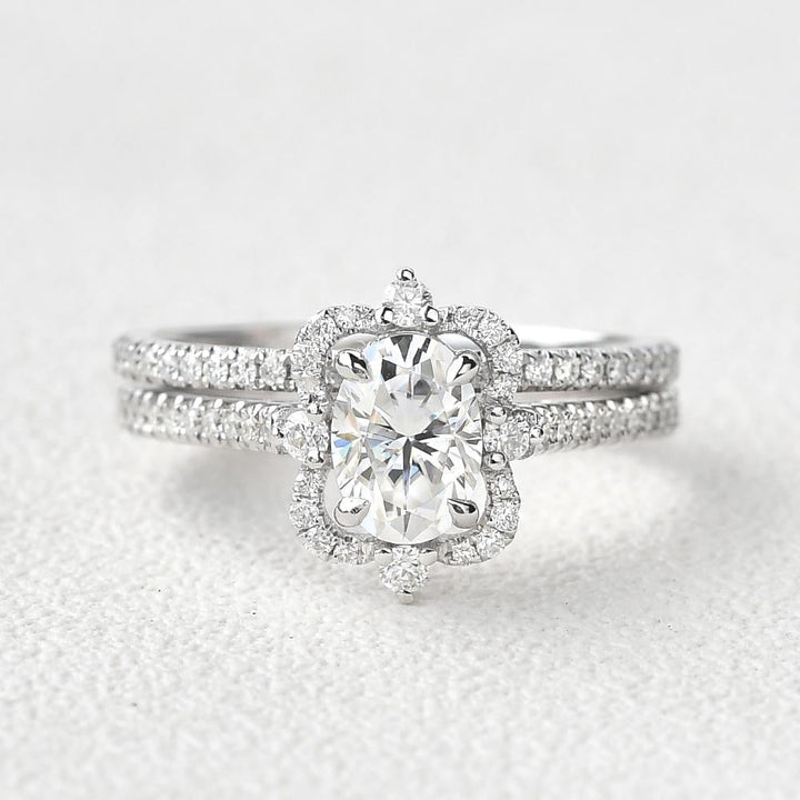 2.21tcw Oval Cut Moissanite Vintage Style Engagement Ring with Full Eternity Wedding Band