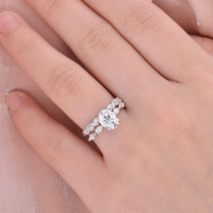 2.05tcw Oval Cut Moissanite Cluster Marquise Bridal Ring Set