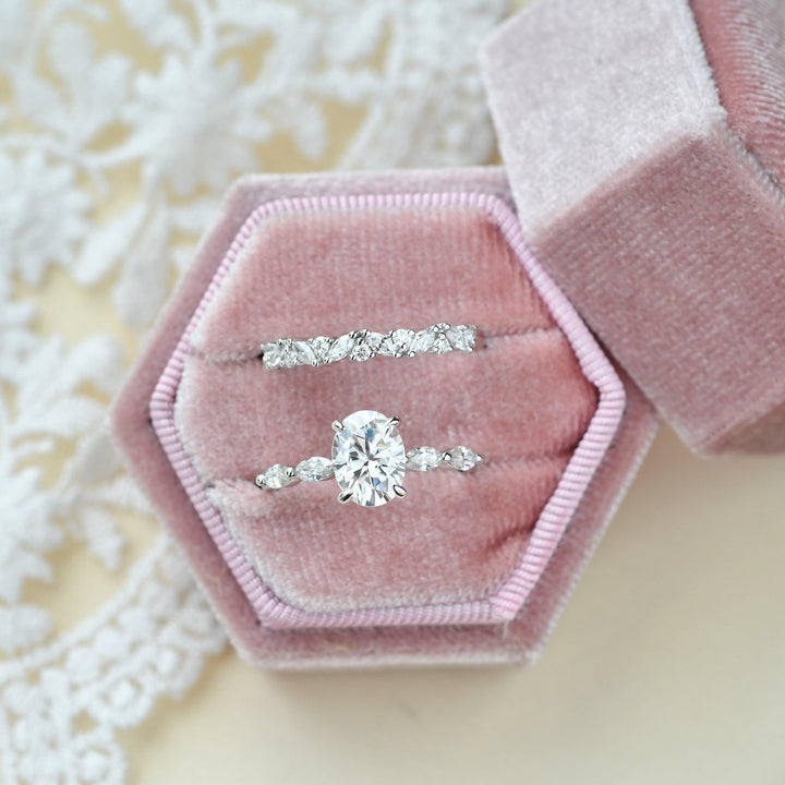 2.05tcw Oval Cut Moissanite Cluster Marquise Bridal Ring Set