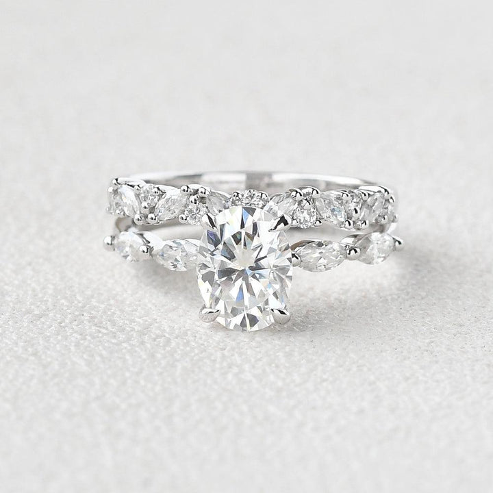 2.05tcw Oval Cut Moissanite Cluster Marquise Bridal Ring Set