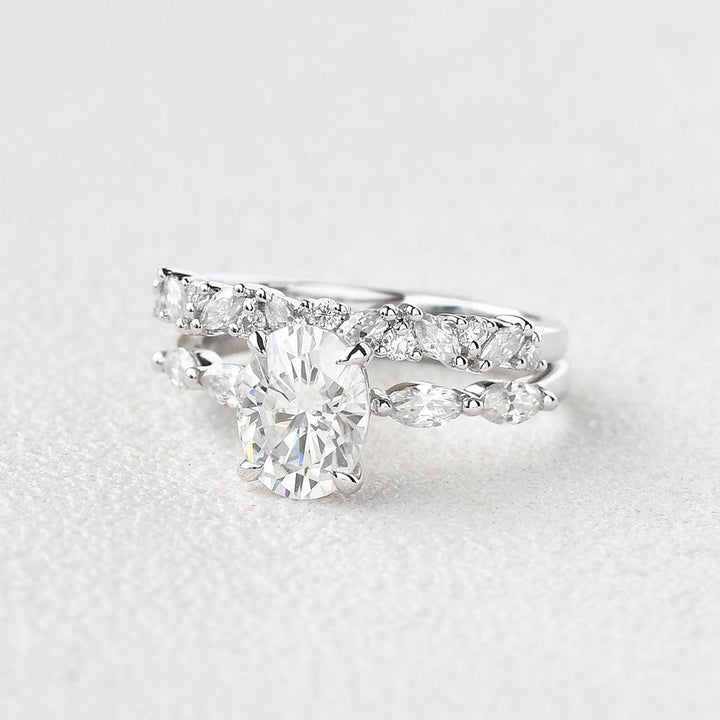 2.05tcw Oval Cut Moissanite Cluster Marquise Bridal Ring Set
