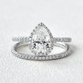 1.88tcw Pear Cut Moissanite Diamond Halo Engagement Ring Bridal Set