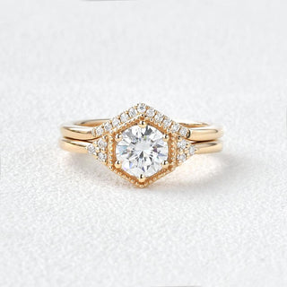 1.28tcw Round Brilliant Cut Moissanite Hexagon Shape Bridal Engagement Ring Set