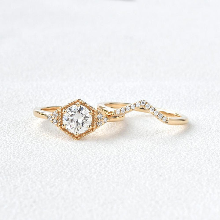 1.28tcw Round Brilliant Cut Moissanite Hexagon Shape Bridal Engagement Ring Set