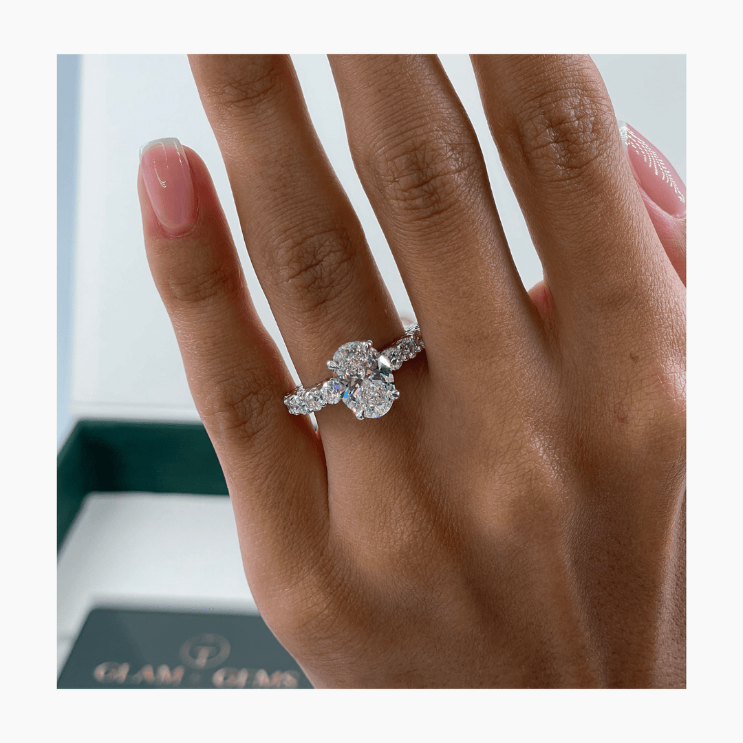 oval diamond pave band engagement ring,
