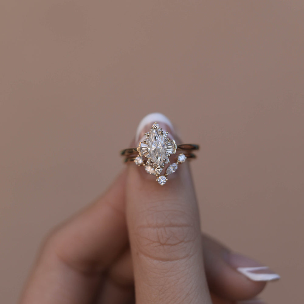 0.75CT Marquise Moissanite Diamond Cluster Wedding Ring Set