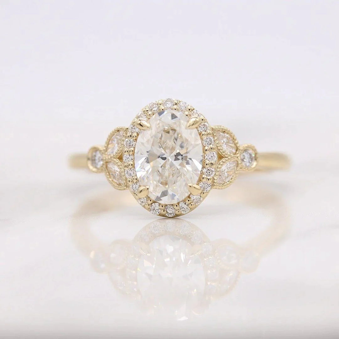 1.33CT Oval Cut Halo Moissanite Diamond Engagement Ring