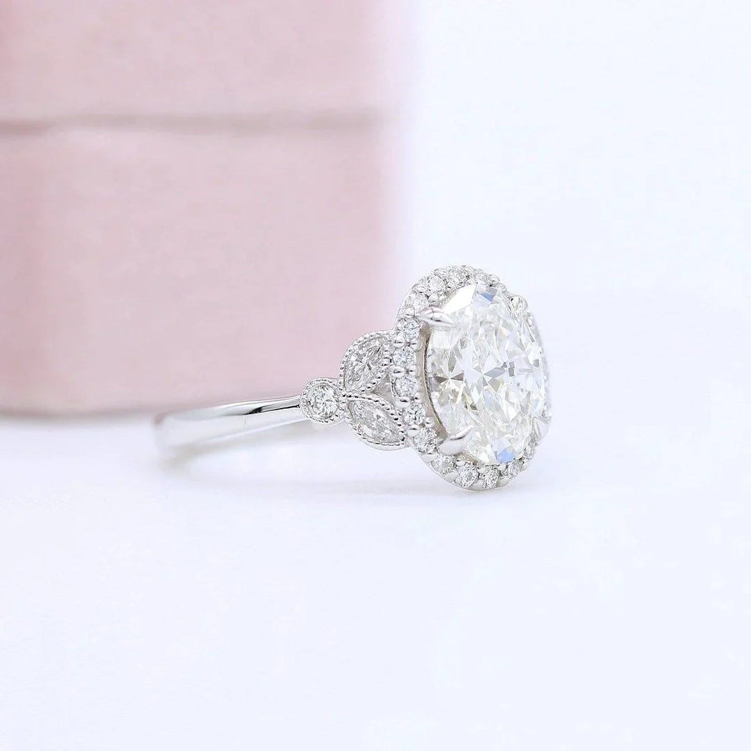1.33CT Oval Cut Halo Moissanite Diamond Engagement Ring