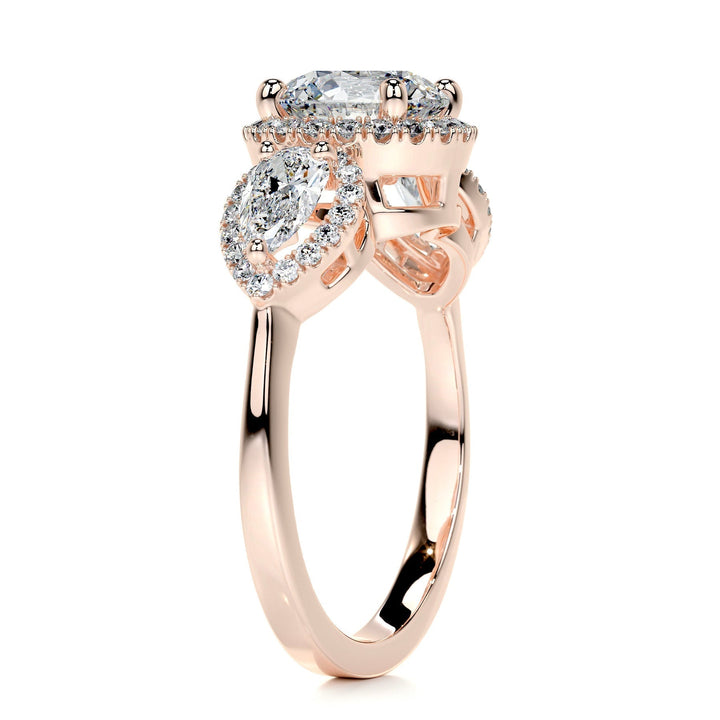 1.5ct Round Cut Halo Three Stone Moissanite Diamond Engagement Ring
