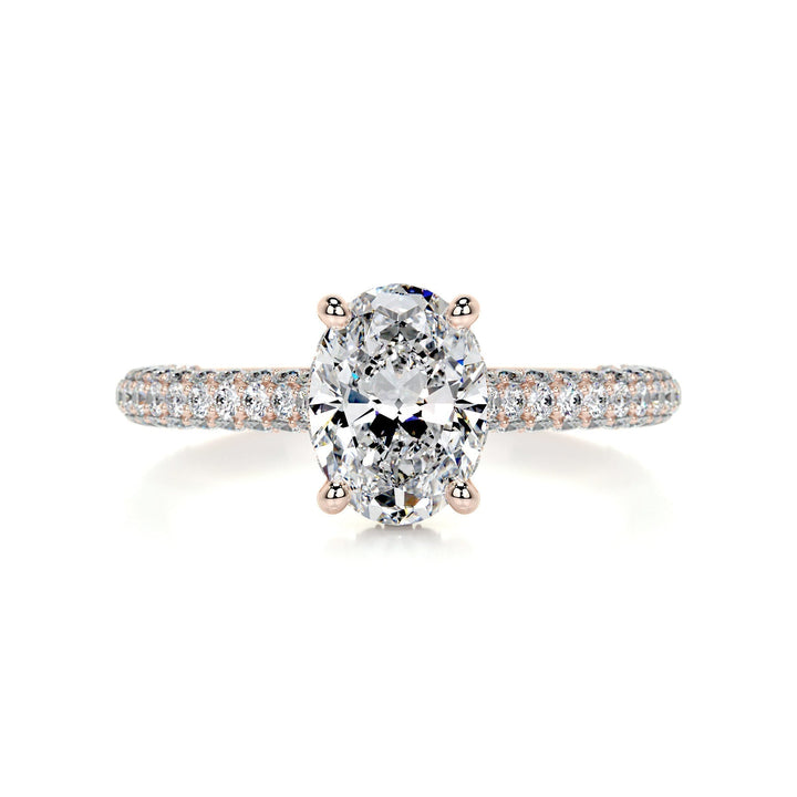 2.0ct Oval Cut Hidden Halo 3 Side Pave Moissanite Diamond Engagement Ring