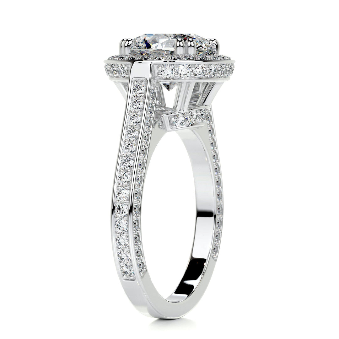 2.0ct Round Cut Halo 3 Side Pave Moissanite Diamond Engagement Ring
