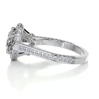 2.0ct Round Cut Halo 3 Side Pave Moissanite Diamond Engagement Ring