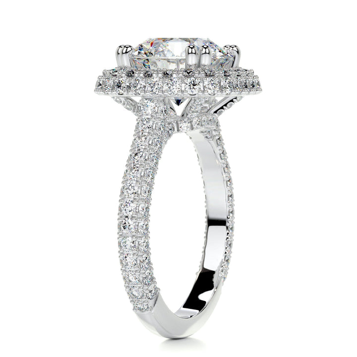 3.12ct Round Cut Unique Style Halo 3 Side Pave Moissanite Diamond Engagement Ring