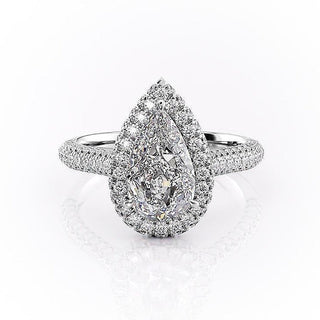 2.0CT Pear Cut Halo Triple Pave Moissanite Engagement Ring
