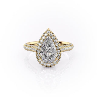 2.0CT Pear Cut Halo Triple Pave Moissanite Engagement Ring