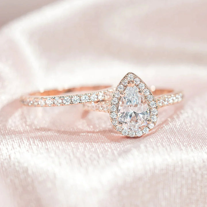 1.33CT Pear Cut Halo Moissanite Diamond Engagement Ring