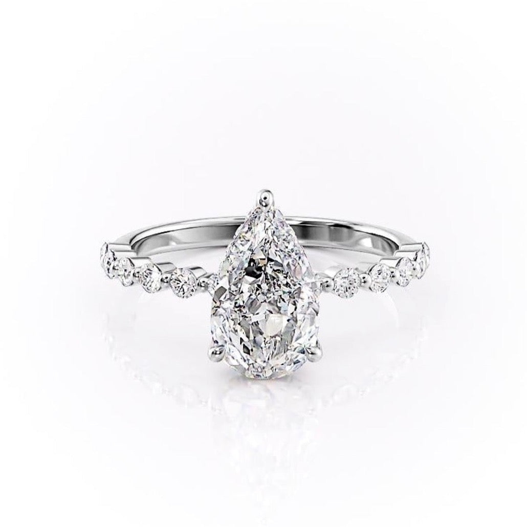 2.0CT Pear Cut Solitaire Dainty Pave Moissanite Engagement Ring