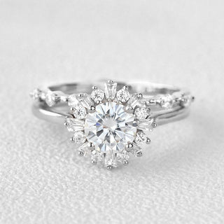 1.75tcw Round Moissanite Vintage Halo Floral Style Bridal Ring Set