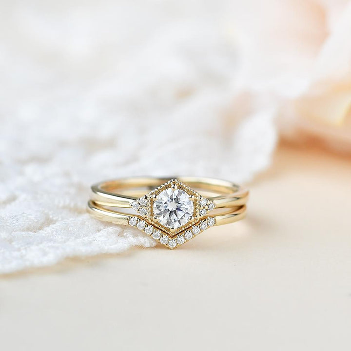 1.28tcw Round Brilliant Cut Moissanite Hexagon Shape Bridal Engagement Ring Set