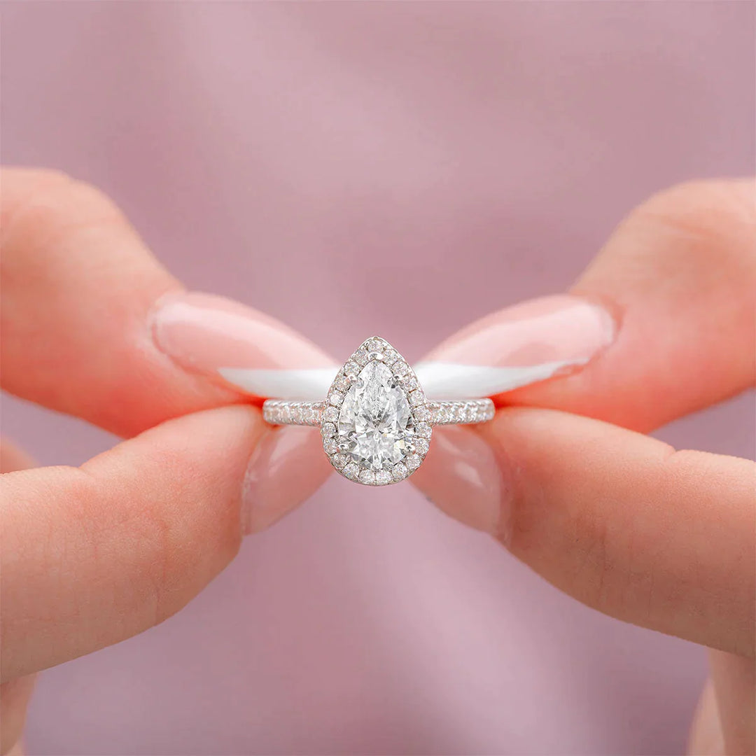 1.33CT Pear Cut Halo Moissanite Diamond Engagement Ring