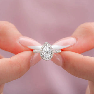 1.33CT Pear Cut Halo Moissanite Diamond Engagement Ring