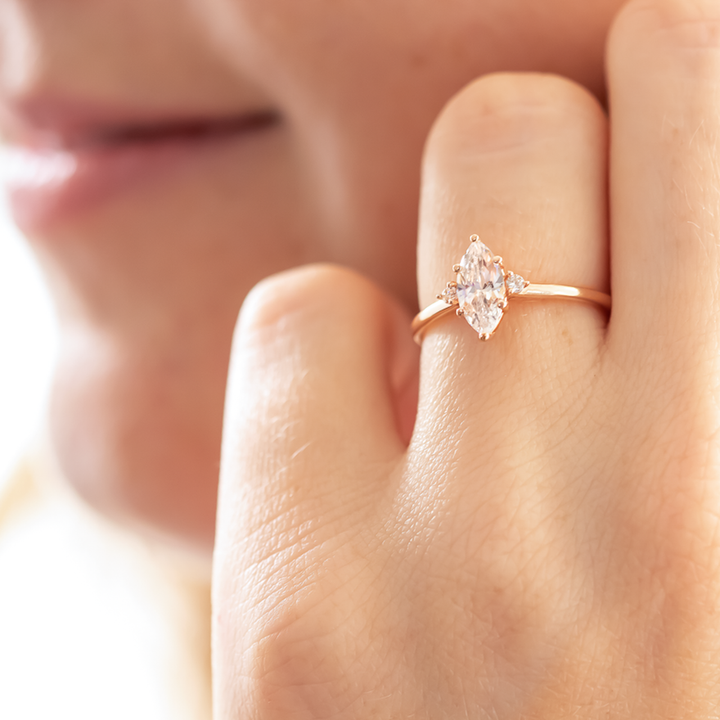 1.0CT Marquise Cut Moissanite Three Stone Engagement Ring in 14K Rose Gold