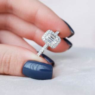 1.0CT Emerald Cut Halo Moissanite Diamond Engagement Ring