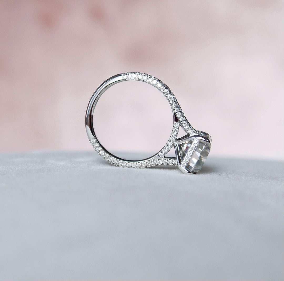 6.0CT Elongated Cushion Hidden Halo Moissanite Micro Pave Engagement Ring