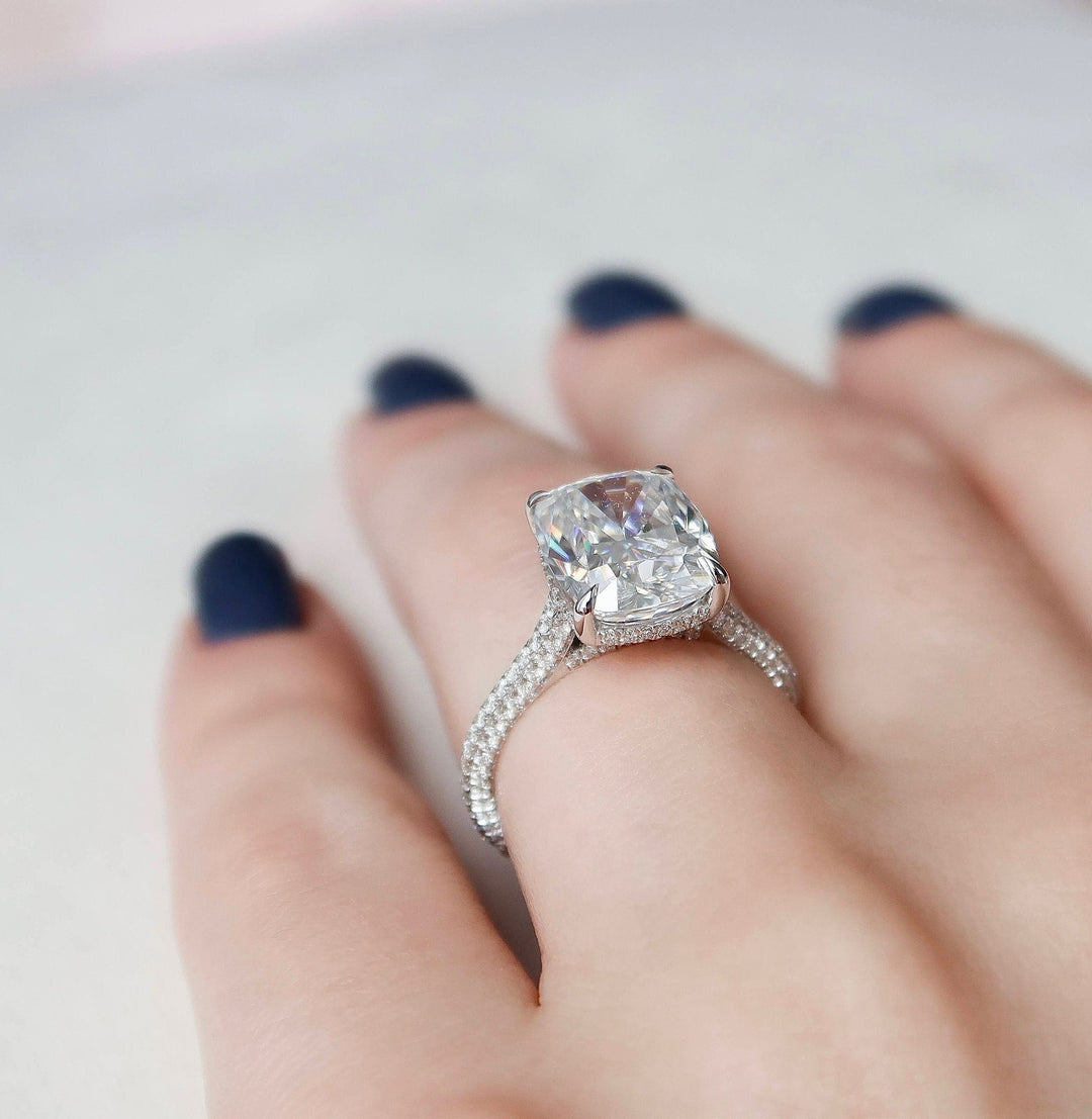 6.0CT Elongated Cushion Hidden Halo Moissanite Micro Pave Engagement Ring