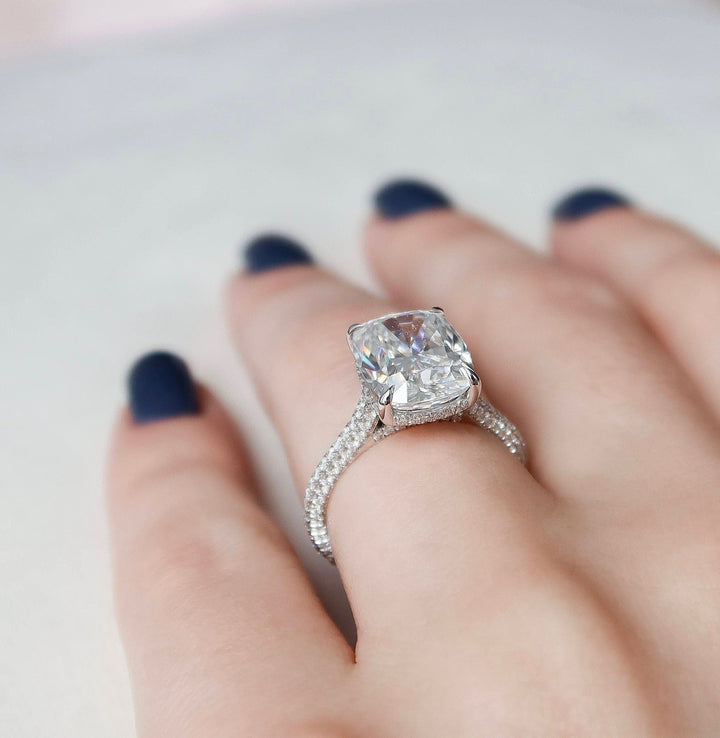 6.0CT Elongated Cushion Hidden Halo Moissanite Micro Pave Engagement Ring