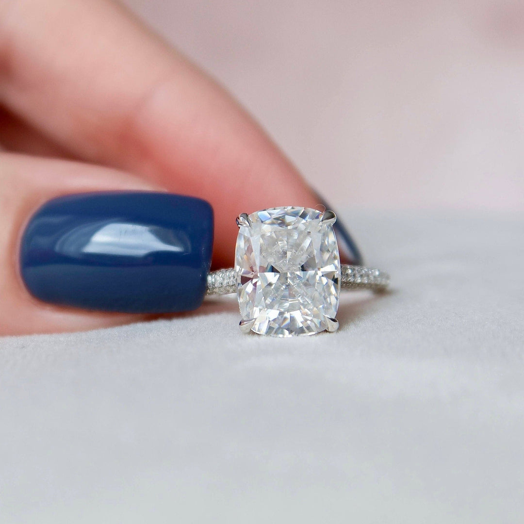 6.0CT Elongated Cushion Hidden Halo Moissanite Micro Pave Engagement Ring