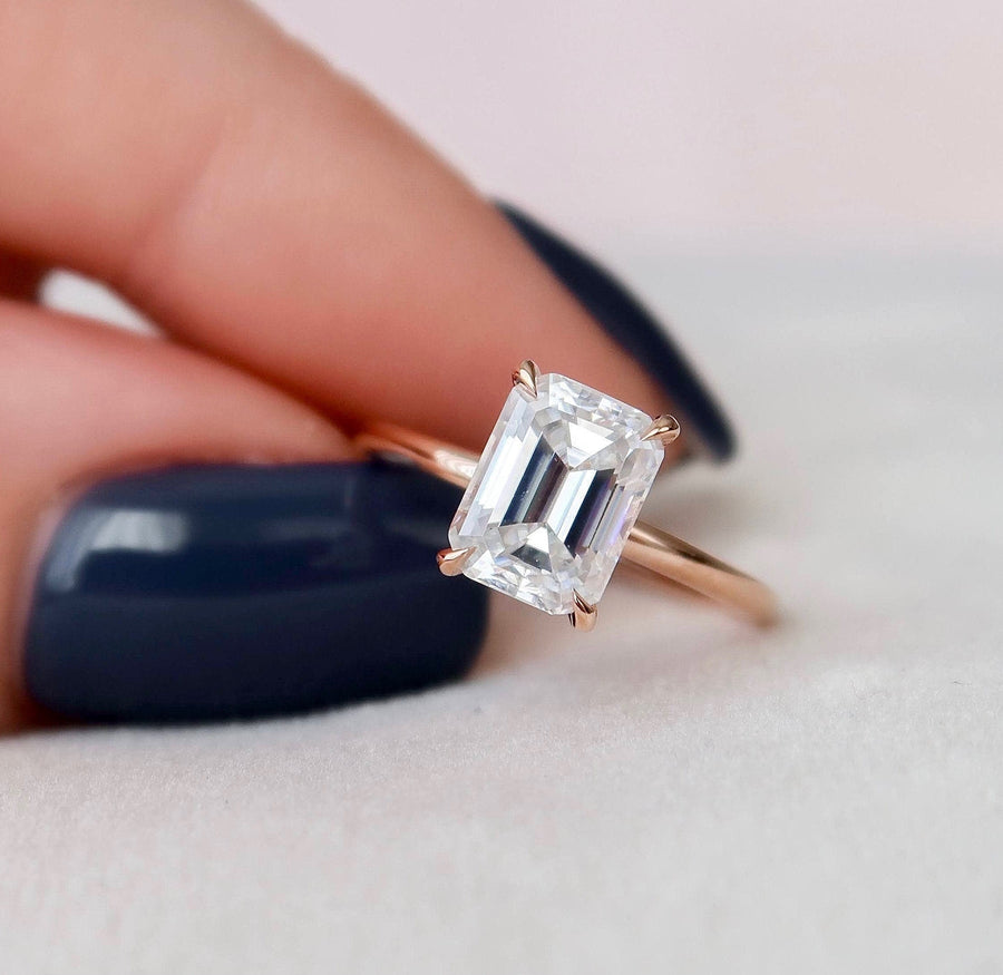 2.0CT Emerald Cut Hidden Halo Moissanite Diamond Engagement Ring