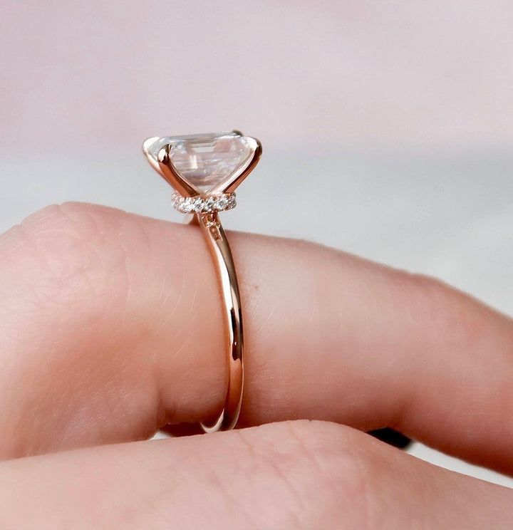 2.0CT Emerald Cut Hidden Halo Moissanite Diamond Engagement Ring