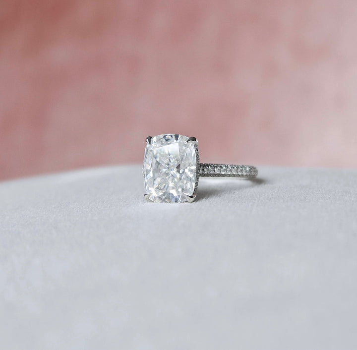 6.0CT Elongated Cushion Hidden Halo Moissanite Micro Pave Engagement Ring