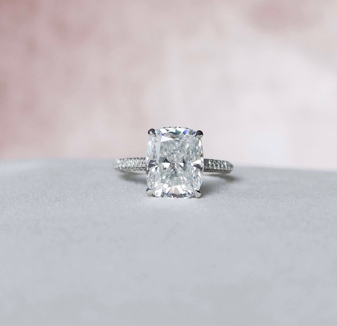 6.0CT Elongated Cushion Hidden Halo Moissanite Micro Pave Engagement Ring