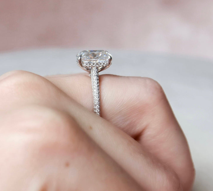 6.0CT Elongated Cushion Hidden Halo Moissanite Micro Pave Engagement Ring