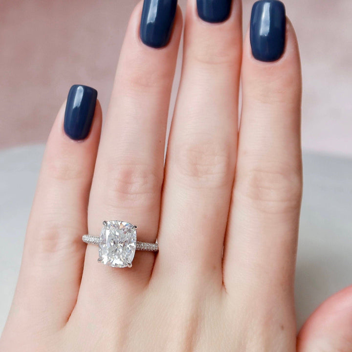 6.0CT Elongated Cushion Hidden Halo Moissanite Micro Pave Engagement Ring