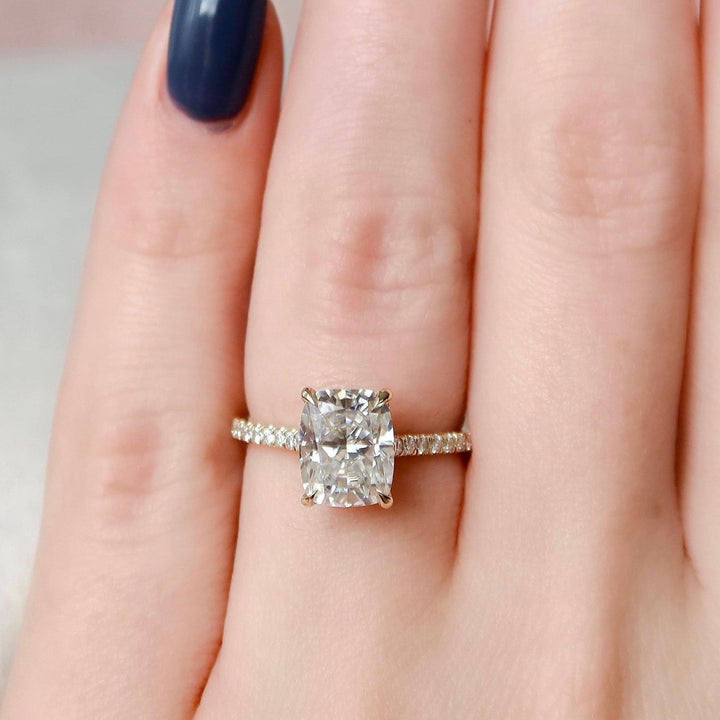 2.50CT Cushion Hidden Halo Moissanite Cathedral Diamond Engagement Ring