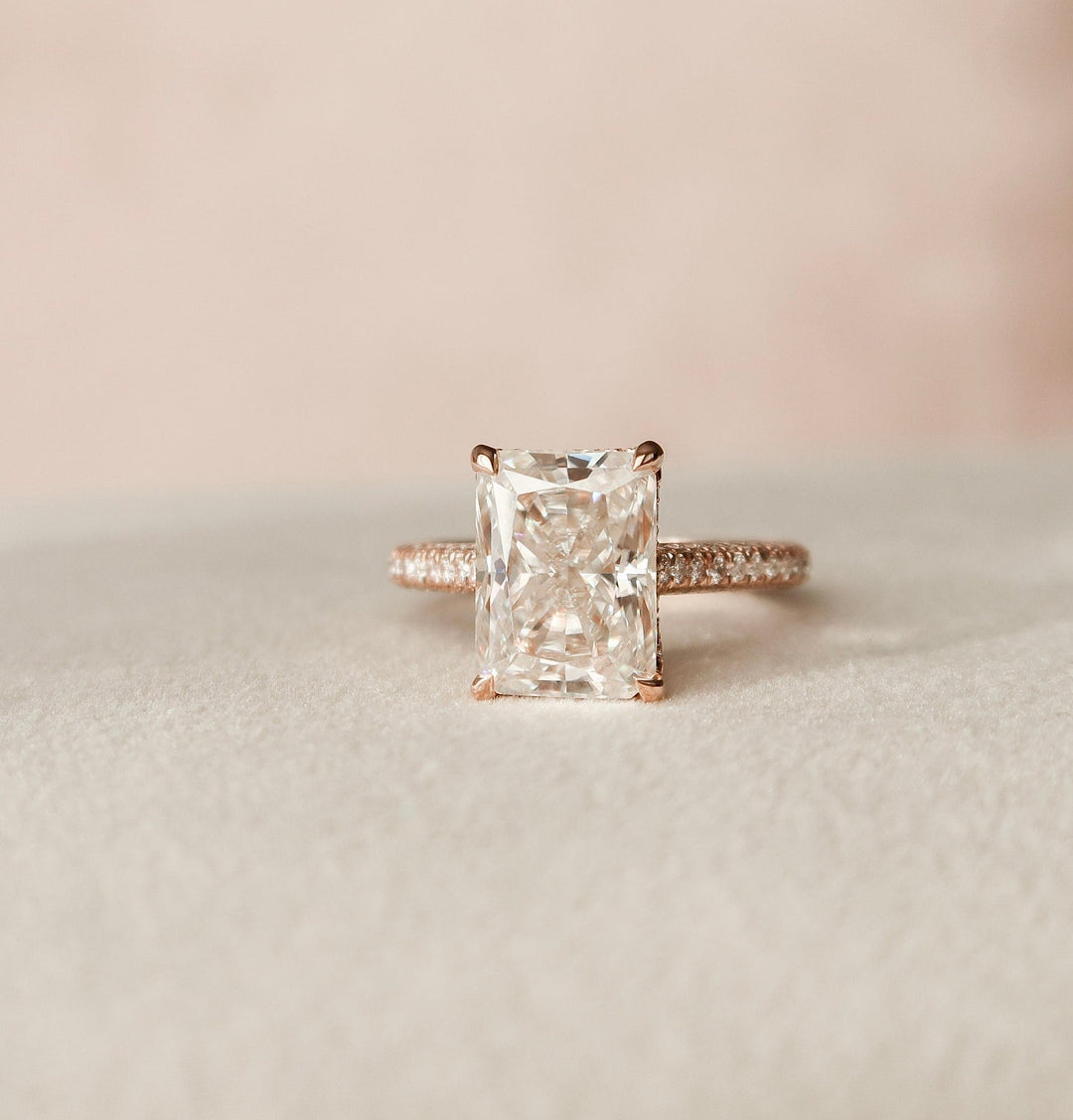 5.50CT Radiant Hidden Halo Moissanite Three Side Pave Diamond Engagement Ring