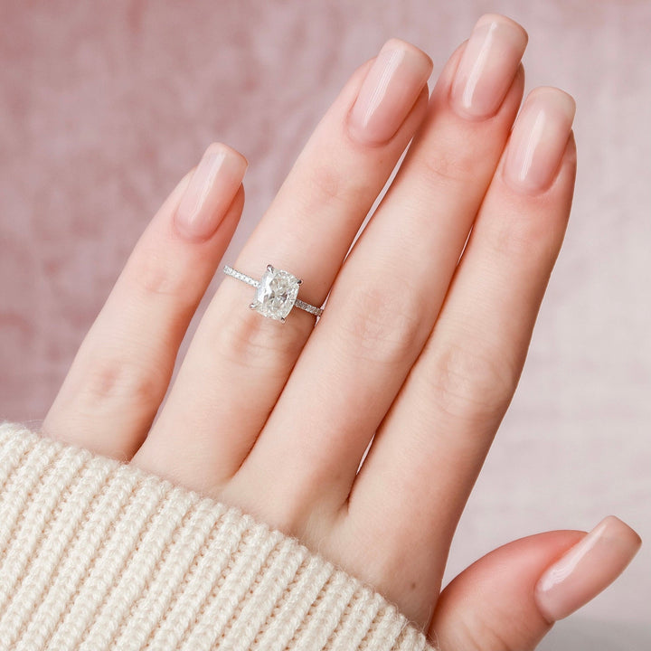 2.0CT Elongated Cushion Hidden Halo Moissanite Diamond Engagement Ring