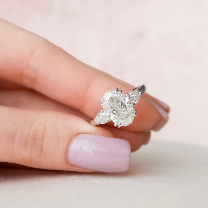 3.5ct Oval Three Stone Diamond Cathedral Moissanite Engagement Ring