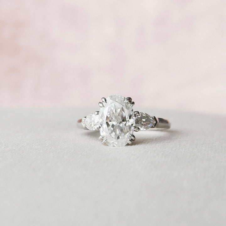 3.5ct Oval Three Stone Diamond Cathedral Moissanite Engagement Ring