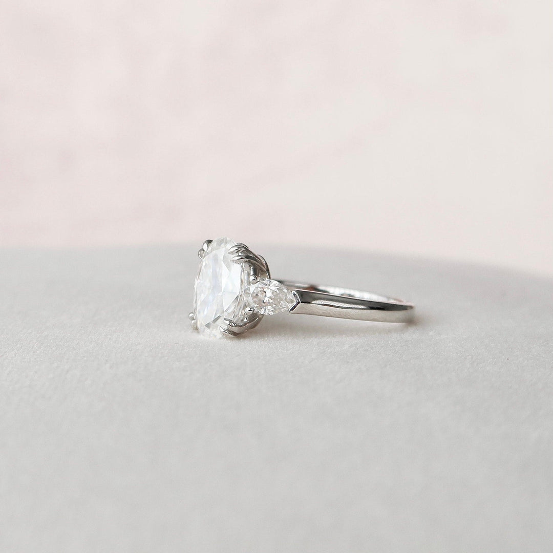 3.5ct Oval Three Stone Diamond Cathedral Moissanite Engagement Ring