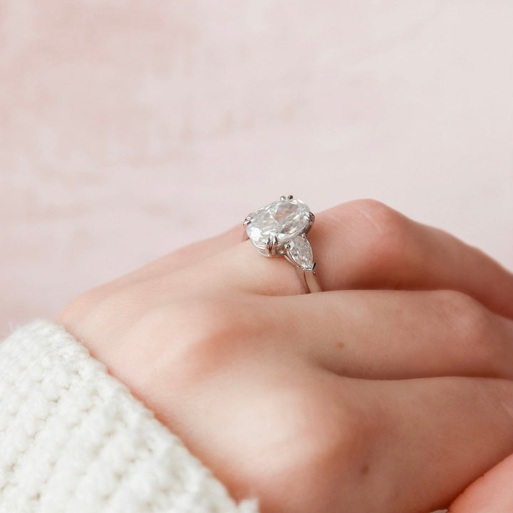 3.5ct Oval Three Stone Diamond Cathedral Moissanite Engagement Ring